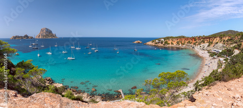 Super panorama of Cala Hort and the mountain Es Vedra. Ibiza, Balearic Islands, Spain