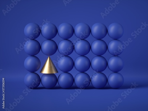 Murais de parede 3d render, abstract geometric design: gold cone amongst blue balls isolated on blue background