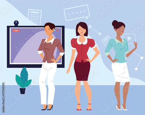 businesswomen cartoons in front of screen in video chat vector design