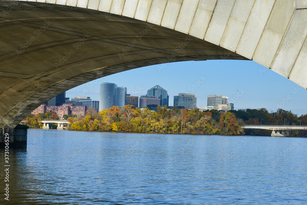 Washington D.C. autumn - Cityscape including Rosslyn as seen from the arc of Memorial Bridge