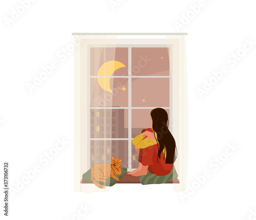 Young romantic girl with long hair looking through window while sitting on sill at home with next to a ginger tabby cat who licks his paw. Vector illustration of thinking, dreaming design concept