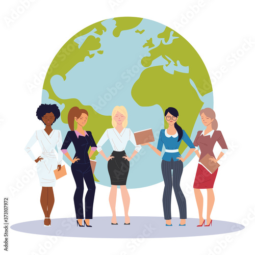 businesswomen cartoons with files in front of world vector design