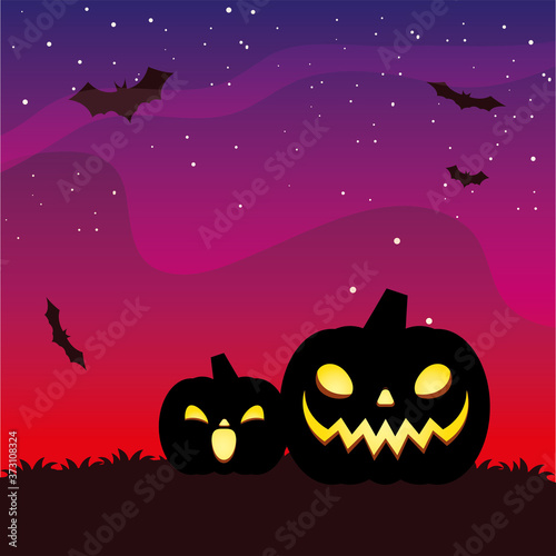 two halloween pumpkins cartoons silhouettes vector design