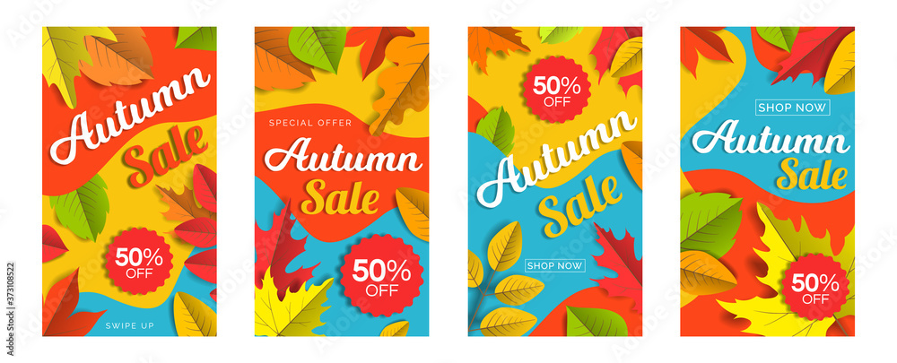 autumn sale vertical banners set  design with  leaves on geometric colorful abstract shapes background for social media