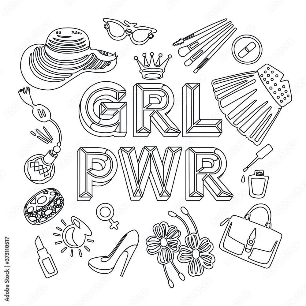 Girl power stylish coloring page for adults and children. Fashion ...