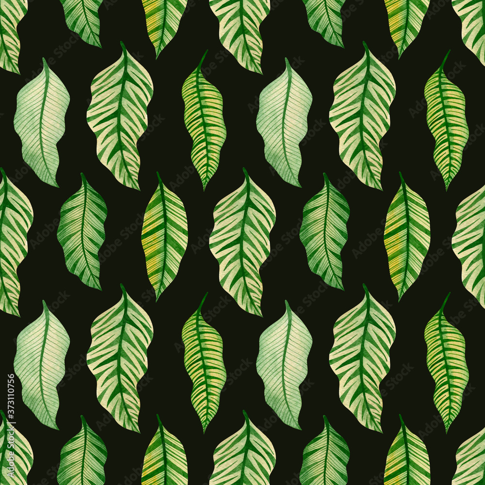 Watercolor seamless pattern of tropical leaves on a black background.