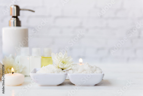 Spa beauty massage health wellness. Spa Thai therapy treatment aromatherapy for body woman with white flower nature candle for relax and summer time.  