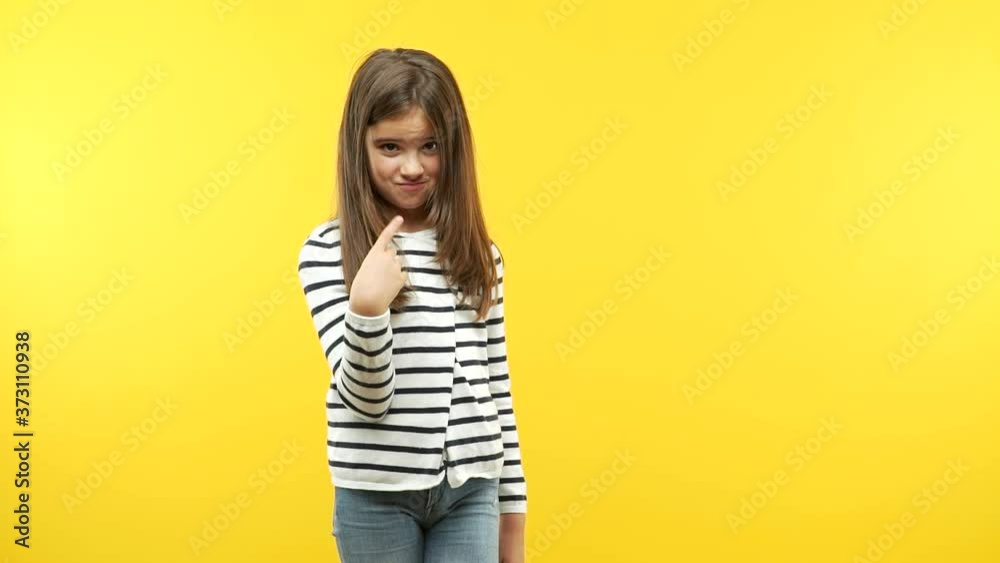 Funny little child girl inviting to come