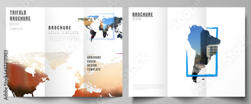 Vector layouts of covers design templates for trifold brochure, flyer layout, book design, brochure cover, advertising. Design template in the form of world maps and colored frames, insert your photo.