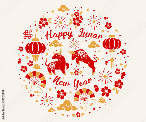 Happy chinese new year 2021 Zodiac sign, year of the ox, red and gold paper cut ox character, flower and Asian elements with craft style on background, Christmas taming for Asian new year, greeting ca