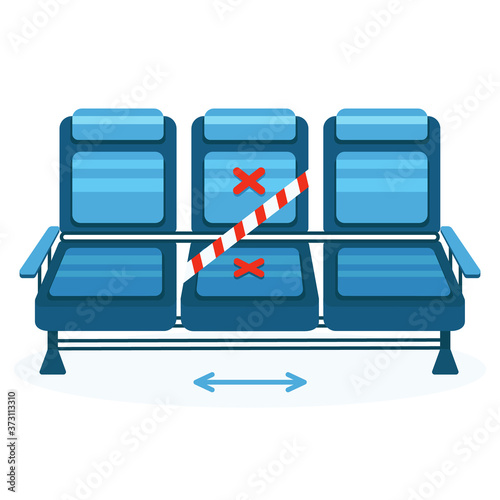 Vector illustration, Seats in the waiting room with markings and restrictive tape. Social distance, coronavirus.