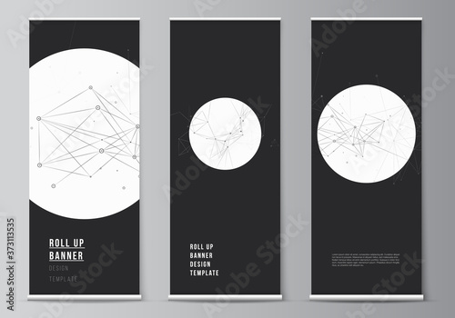 Vector layout of roll up mockup templates for vertical flyers, flags design templates, banner stands, advertising mockups. Gray technology background with connecting lines and dots. Network concept.