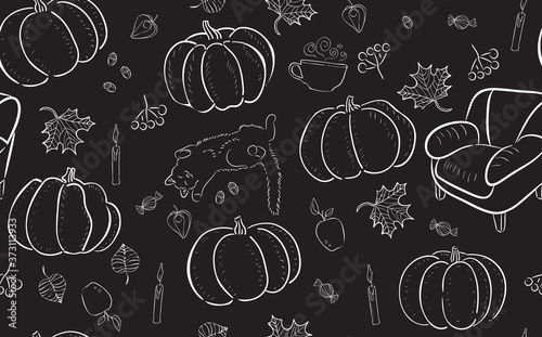 Autumn Hand Drawn Pattern.  Elements of home comfort, warmth: Pumpkins, leave...