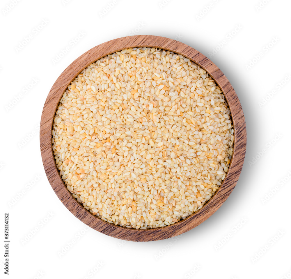 White sesame seeds in wooden bowl isolated on white background with clipping path. Healthy eating concept. Top view. Flat lay. White sesame seeds in wooden bowl isolated on white background with clipping path. Healthy eating concept. Top view. Flat lay.