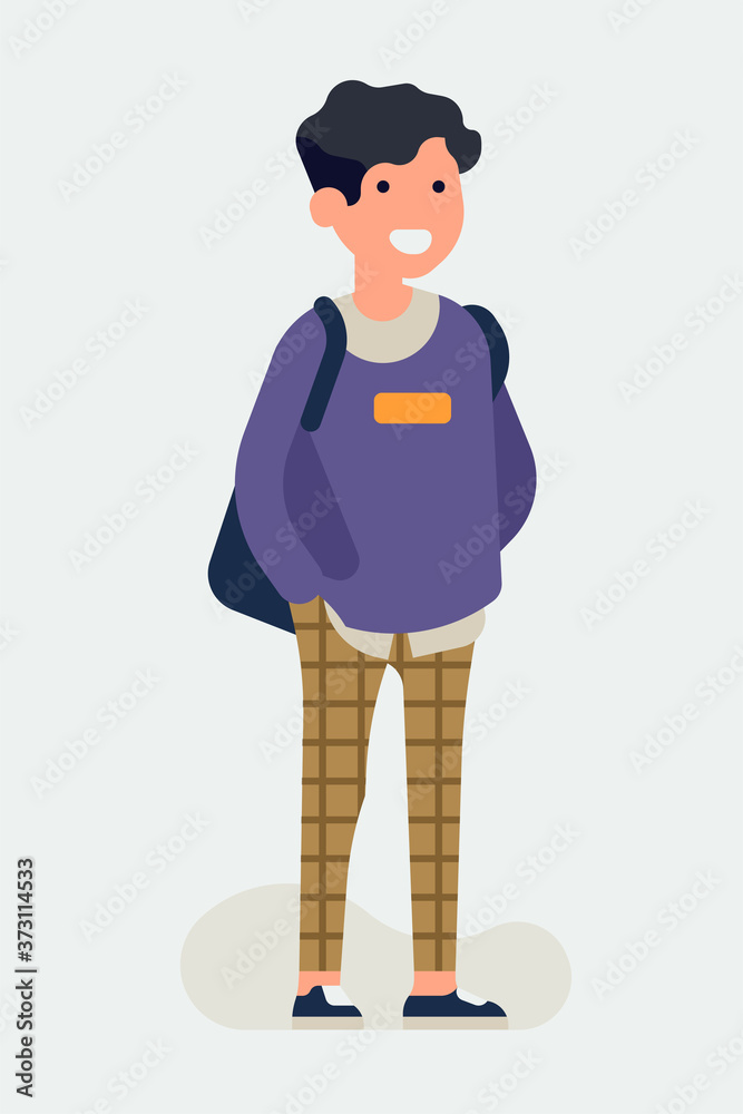 Cool vector flat character design on millennial guy. Casually clothed cheerful student standing full length wearing loose sweater and skinny pants