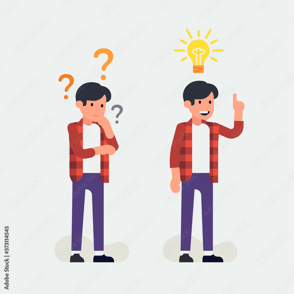 Thinking process vector concept design element with thoughtful young man surrounded by question marks and cheerful young man having an idea represented by light bulb Thinking process vector concept design element with thoughtful young man surrounded by question marks and cheerful young man having an idea represented by light bulb