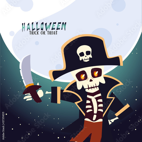 Halloween skull pirate cartoon at night vector design