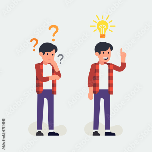 Thinking process vector concept design element with thoughtful young man surrounded by question marks and cheerful young man having an idea represented by light bulb