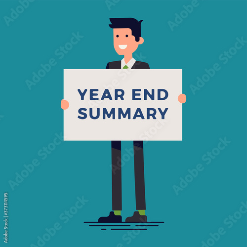 Cool vector business company and corporate Year End Review concept illustration with businessman standing next to presentation board