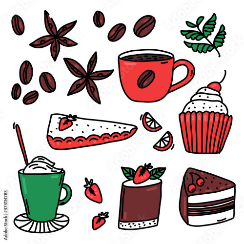 Coffee with spices and desserts doodles. Anise stars  coffee beans  mint leaves. Set of strawberry tartlet  cupcake  chocolate cherry cake
