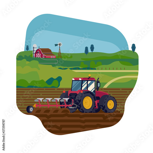 Field soil ploughing process vector flat style concept. Cool vector flat design element on farming with tractor plowing a field with reversible plow and a farm in the distance