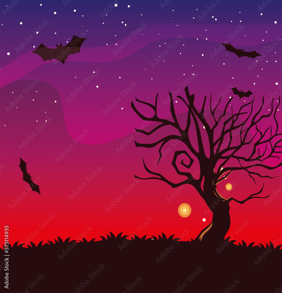 Halloween tree and bats at night vector design