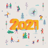 Lovely vector New Year 2021 greeting card, poster or banner template with crowd of people doing winter holiday season outdoors activities, making snowman, carrying Xmas tree, riding sleds, etc.