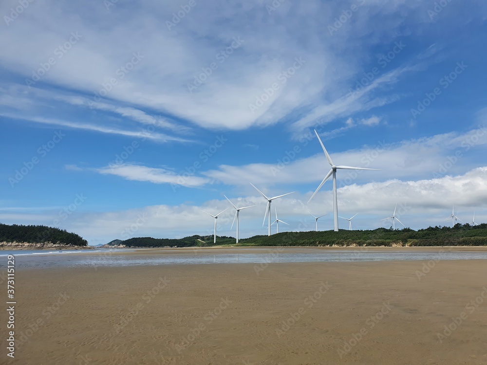 Sinan-gun, Jeollanam-do, South Korea - 26th July 2020 : Scenery of Egi Beach and wind power generator in Sinan-gun Island