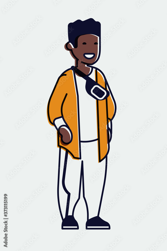 Cool linear illustration on young adult student in trendy outfit, isolated. Adjustable stroke weight