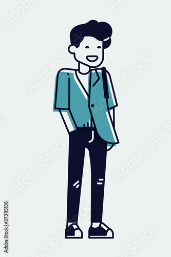 Cool linear illustration on young adult student in trendy outfit, isolated. Adjustable stroke weight