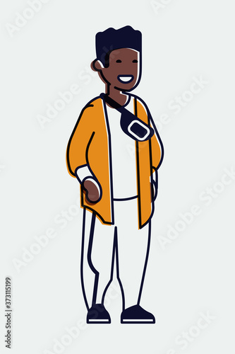 Cool linear illustration on young adult student in trendy outfit, isolated. Adjustable stroke weight