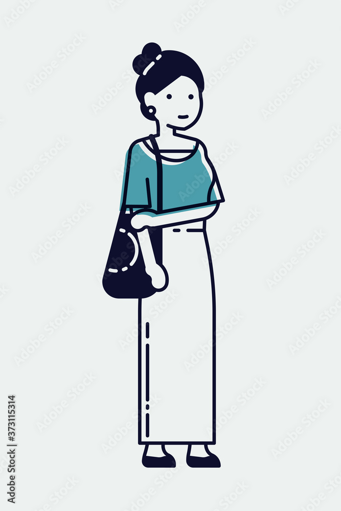 Cool monoweight stroke illustration on cheerful young adult female student in trendy outfit, isolated. Fully adjustable. Cute linear character design Cool monoweight stroke illustration on cheerful young adult female student in trendy outfit, isolated. Fully adjustable. Cute linear character design