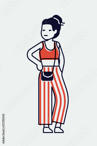 Cool monoweight stroke illustration on cheerful young adult female student in trendy outfit, isolated. Fully adjustable. Cute linear character design