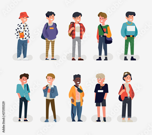 Trendy vector character design on diverse group of young adult women. Diverse group of ladies standing in lineup. Set of multiracial female characters in different outfits and appearance