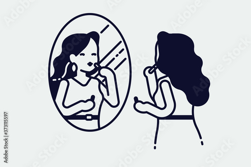 Cool vector flat line monoweight stroke illustration on young adult girl preening. Attractive woman applies make up looking at herself in the mirror
