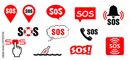 SOS icon, label, marker set. Vector help signs. Signal bell button. Pointer or navigation marker location icons.