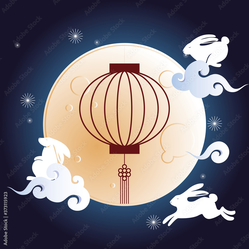 moon with rabbits clouds and lantern on blue background vector design