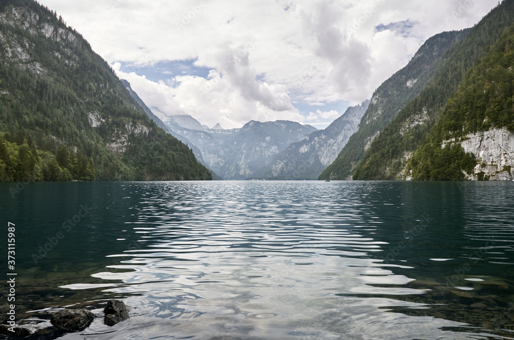 Lake Koenigssee with mountain range in the Berchtesgaden Alps, Bavaria, Germany