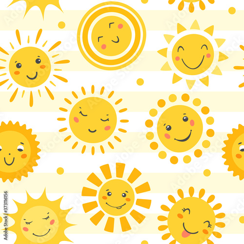 Sun seamless pattern. Vector hand drawn cute sun icons and emoji. Cartoon summer pattern for web, fabric, case, textile, wallpaper, weather design.Funny summer sunshine. Emoticons collection