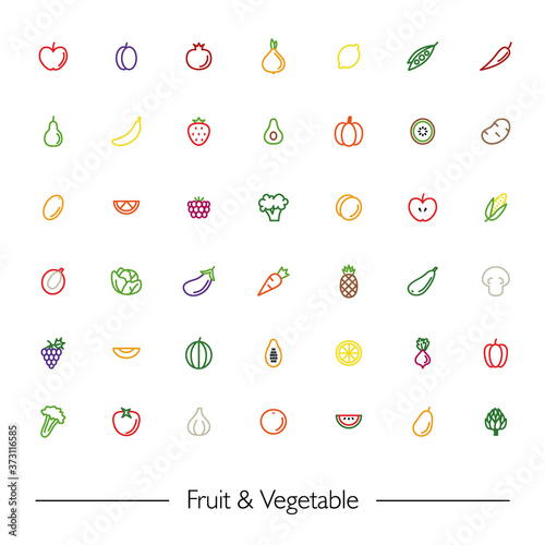 Fototapeta Naklejka Na Ścianę i Meble -  Fruits and vegetables vector flat line icons collection for web or mobile app. Healthy food outline symbols concept