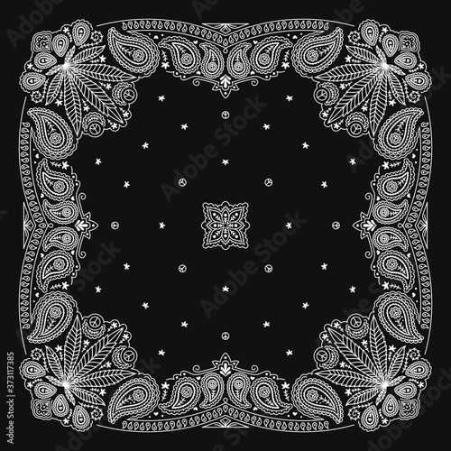 Bandana Paisley Ornament Design Black and White with Cannabis Leaf