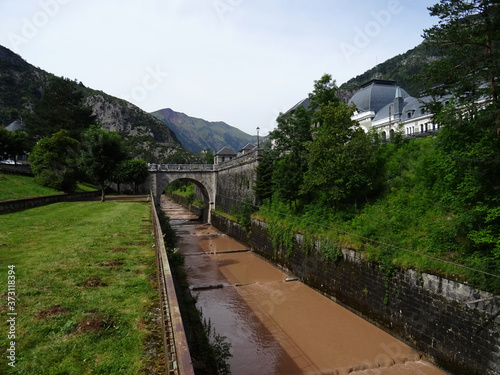 Bridge to the Railway Station of Canfranc on the Aragon River. Pyrenees Mountains. Spain. 
