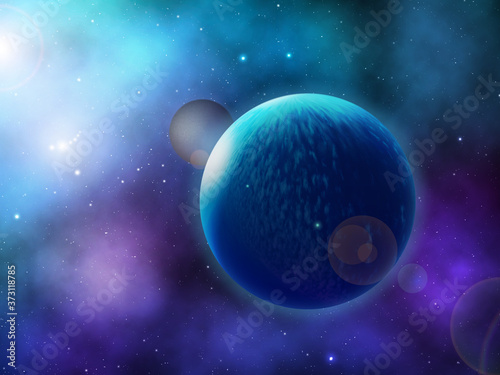 Fototapeta Naklejka Na Ścianę i Meble -  Extrasolar planet system. Blue Planet with Stone Moon - Exoplanet in Deep Space. 3D rendering.
