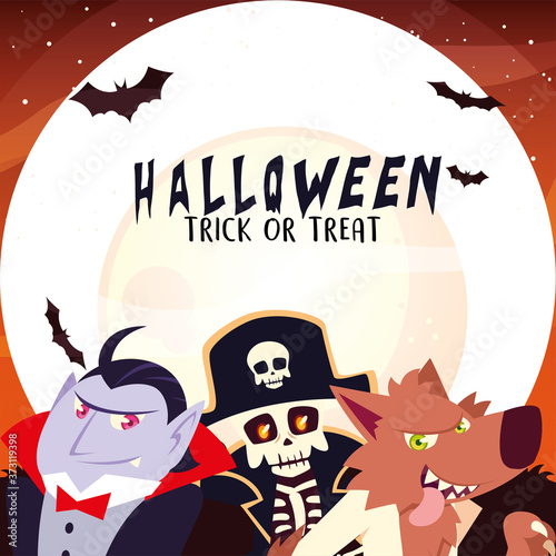 Halloween vampire skull pirate and werewolf cartoon at night vector design