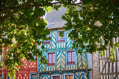 Beautiful half-timbered buildings in medieval town of Rennes, France