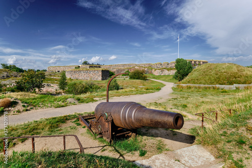 The old cannon is installed on the Suomenlinna fortress in Helsinki.