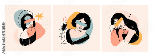 Hand drawn Portraits of beautiful ladies. Pretty young women. Stylish fashion models. Fancy look. Brush stroke on the eyes. Colored pastel background. Set of three Vector illustrations. Print idea
