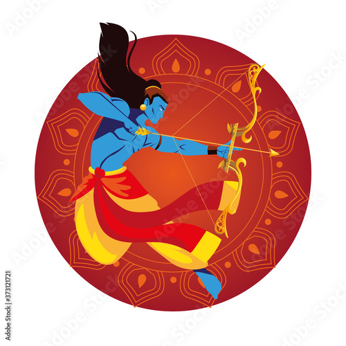 lord ram cartoon with bow and arrow in front of red mandala vector design