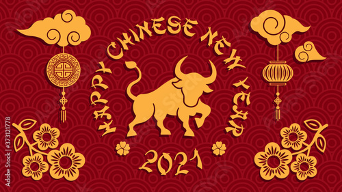 Photography Chinese new year 2021 year of the ox background, red and gold paper cut ox chara