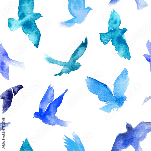 Watercolor birds seamless pattern.